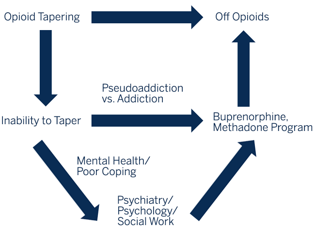 Image: Graphic of opioid reduction strategies including tapering; psychiatric, psychologic and social work support for those who have difficulty tapering and or dual diagnosis; and buprenorphine and methadone.