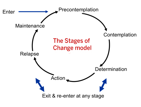 Graphical representation of the stages of change cycle, with a circle made of arrows pointing in succession to the following label words: Enter, Precontemplation, Contemplation, Determination, Action, Relapse, Maintenance (back to) Precontemplation, with supplemental label reading "Exit & re-enter at any stage."