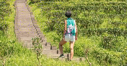 A middle-aged woman walking upstairs outside.